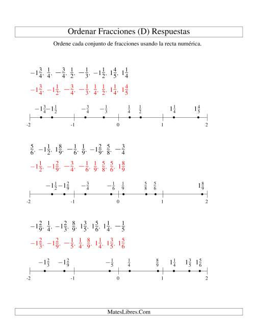 La hoja de ejercicios de Ordenar Fracciones en una Recta Numérica, Denominadores Hasta 10 con Negativos (D) Página 2