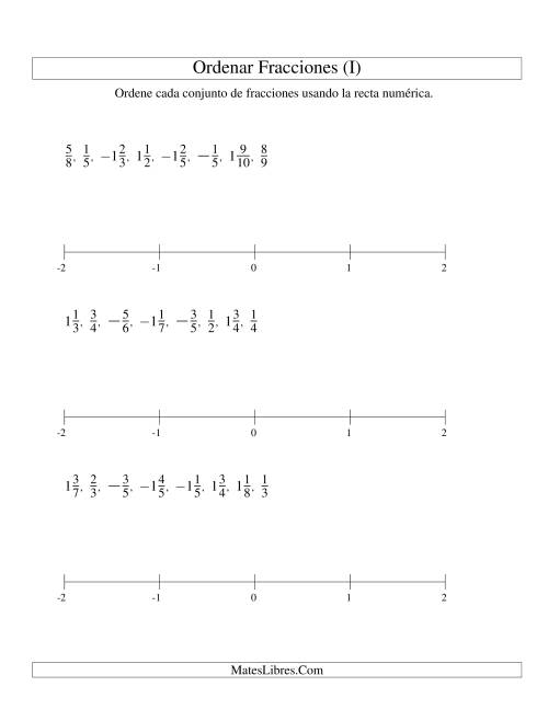 La hoja de ejercicios de Ordenar Fracciones en una Recta Numérica, Denominadores Hasta 10 con Negativos (I)