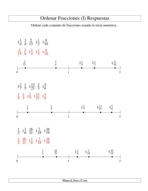 La hoja de ejercicios de Ordenar Fracciones en una Recta Numérica, Denominadores Hasta 24 (I) Página 2
