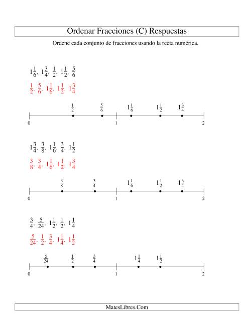 La hoja de ejercicios de Ordenar Fracciones en una Recta Numérica, Denominadores Sencillos Hasta 24 (C) Página 2