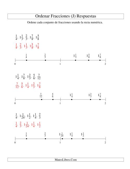 La hoja de ejercicios de Ordenar Fracciones en una Recta Numérica, Denominadores Sencillos Hasta 24 (J) Página 2