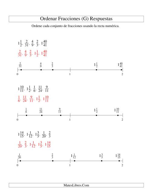 La hoja de ejercicios de Ordenar Fracciones en una Recta Numérica, Denominadores Hasta 60 (G) Página 2