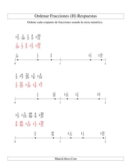 La hoja de ejercicios de Ordenar Fracciones en una Recta Numérica, Denominadores Hasta 60 (H) Página 2