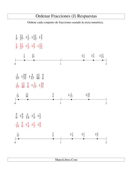 La hoja de ejercicios de Ordenar Fracciones en una Recta Numérica, Denominadores Hasta 60 (J) Página 2