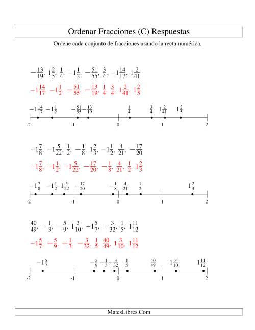 La hoja de ejercicios de Ordenar Fracciones en una Recta Numérica, Denominadores Hasta 60 con Negativos (C) Página 2