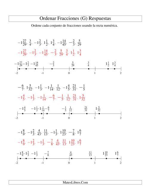 La hoja de ejercicios de Ordenar Fracciones en una Recta Numérica, Denominadores Hasta 60 con Negativos (G) Página 2