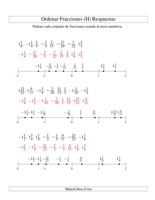 La hoja de ejercicios de Ordenar Fracciones en una Recta Numérica, Denominadores Hasta 60 con Negativos (H) Página 2