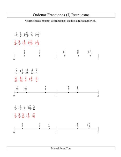 La hoja de ejercicios de Ordenar Fracciones en una Recta Numérica, Denominadores Hasta 100 (J) Página 2
