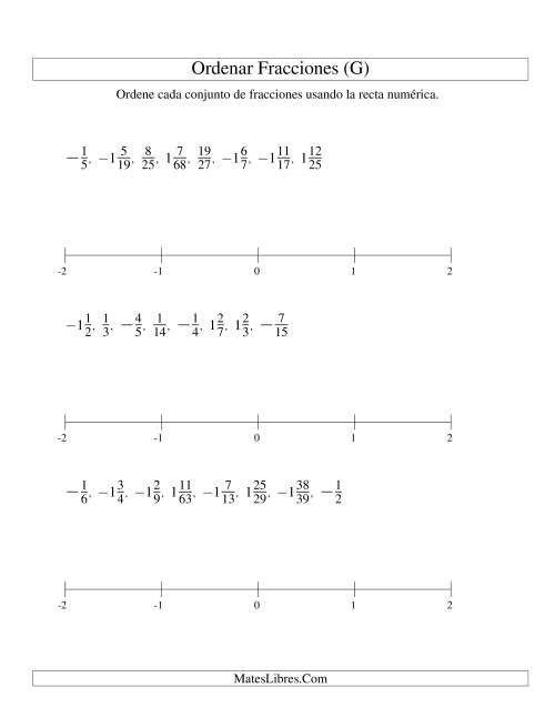 La hoja de ejercicios de Ordenar Fracciones en una Recta Numérica, Denominadores Hasta 100 con Negativos (G)