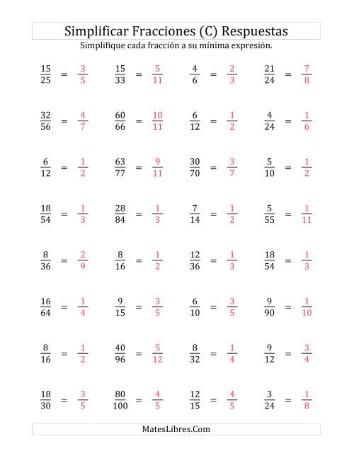 La hoja de ejercicios de Simplificar Fracciones (Difícil) (C) Página 2