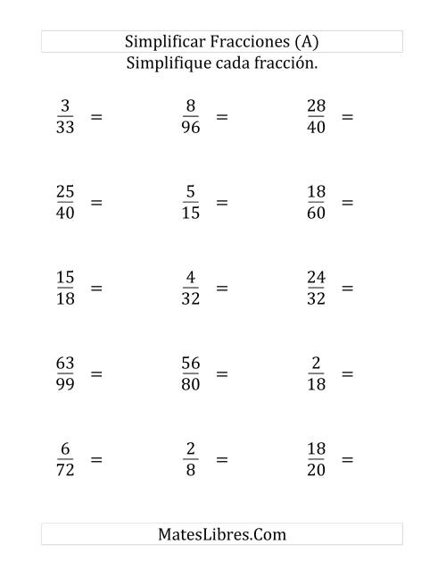 La hoja de ejercicios de Simplificar Fracciones (Difícil) (Grande)
