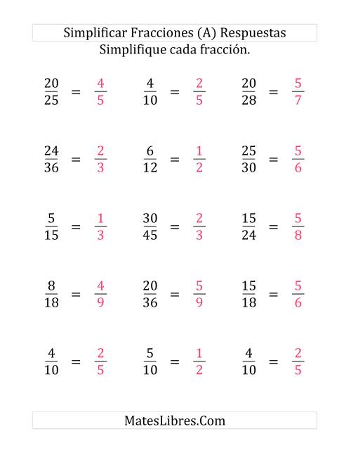 La hoja de ejercicios de Simplificar Fracciones (Fácil) (Grande) Página 2