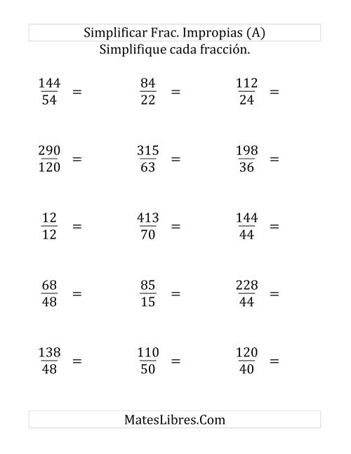 La hoja de ejercicios de Simplificar Fracciones Impropias (Difícil) (Grande)