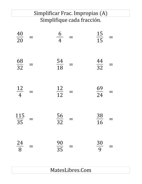 La hoja de ejercicios de Simplificar Fracciones Impropias (Fácil) (Grande)
