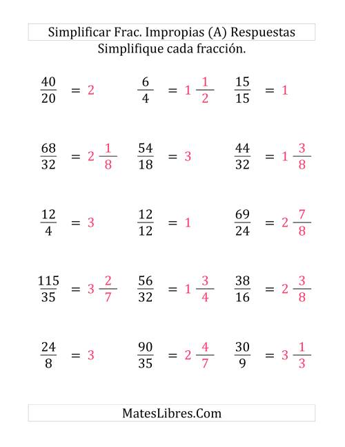 La hoja de ejercicios de Simplificar Fracciones Impropias (Fácil) (Grande) Página 2
