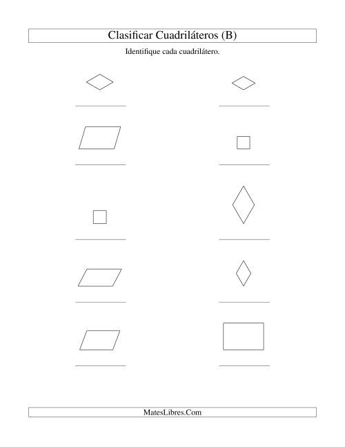 La hoja de ejercicios de Clasificar Cuadriláros (Cuadrados, Rectángulos, Paralelogramos, Rombos) (B)