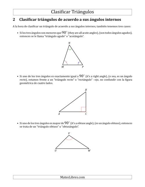 La hoja de ejercicios de Cómo Identificar Triángulos de Acuerdo a sus Lados y a sus Ángulos Internos Página 2