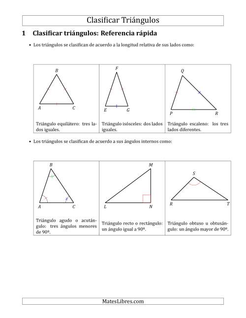 La hoja de ejercicios de Cómo Identificar Triángulos de Acuerdo a sus Lados y a sus Ángulos Internos