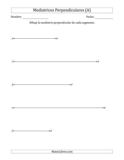 La hoja de ejercicios de Dibujar Mediatrices Perpendiculares en Segmentos Horizontales de Recta (A)