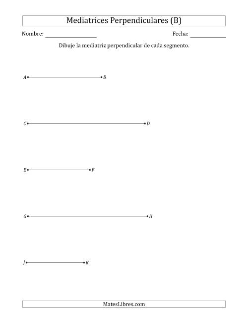 La hoja de ejercicios de Dibujar Mediatrices Perpendiculares en Segmentos Horizontales de Recta (B)