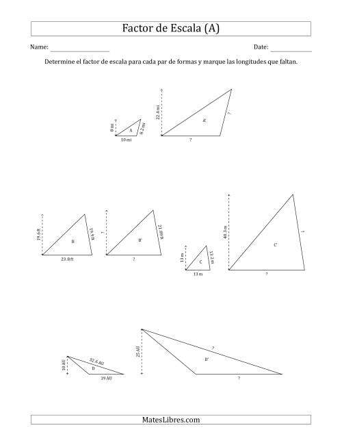 La hoja de ejercicios de Determine el Factor de Escala de Dos Triángulos y las Longitudes que Faltan (Factores de Escala en Intervalos de 0.1) (A)