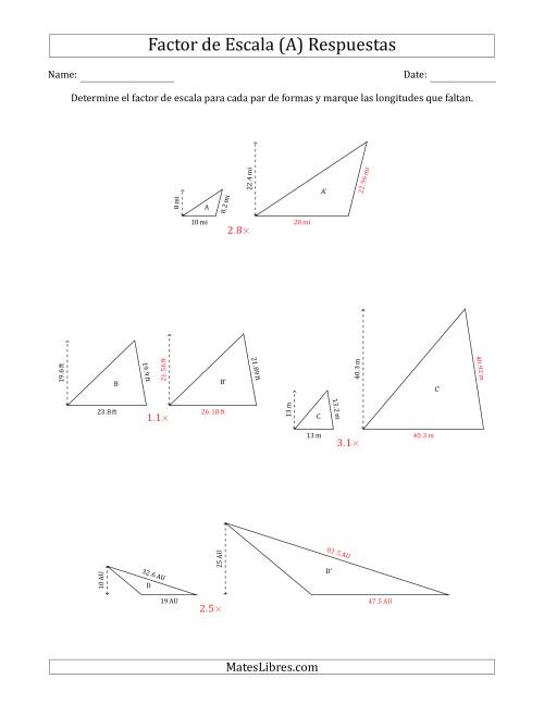La hoja de ejercicios de Determine el Factor de Escala de Dos Triángulos y las Longitudes que Faltan (Factores de Escala en Intervalos de 0.1) (A) Página 2