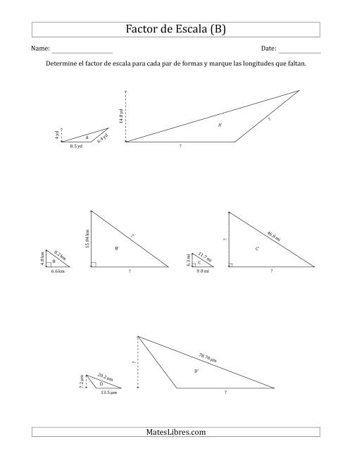 La hoja de ejercicios de Determine el Factor de Escala de Dos Triángulos y las Longitudes que Faltan (Factores de Escala en Intervalos de 0.1) (B)