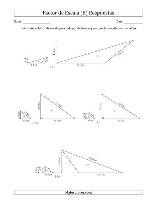 La hoja de ejercicios de Determine el Factor de Escala de Dos Triángulos y las Longitudes que Faltan (Factores de Escala en Intervalos de 0.1) (B) Página 2