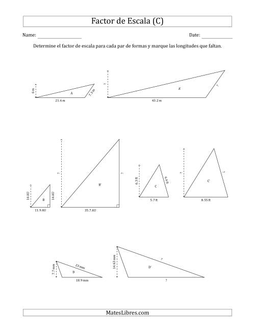 La hoja de ejercicios de Determine el Factor de Escala de Dos Triángulos y las Longitudes que Faltan (Factores de Escala en Intervalos de 0.1) (C)
