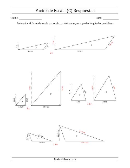 La hoja de ejercicios de Determine el Factor de Escala de Dos Triángulos y las Longitudes que Faltan (Factores de Escala en Intervalos de 0.1) (C) Página 2