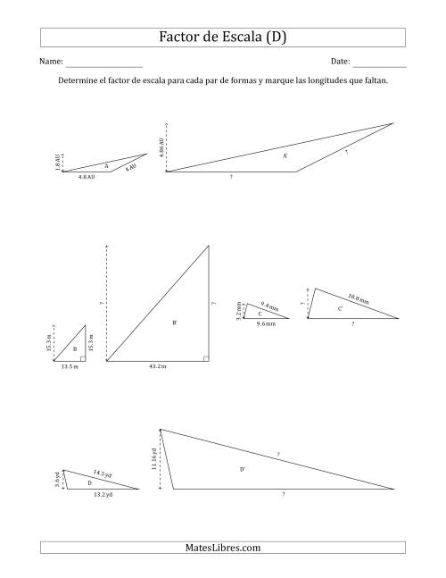 La hoja de ejercicios de Determine el Factor de Escala de Dos Triángulos y las Longitudes que Faltan (Factores de Escala en Intervalos de 0.1) (D)