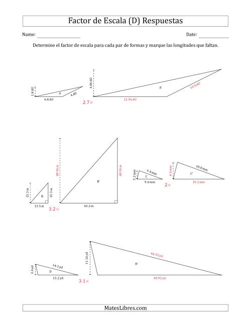 La hoja de ejercicios de Determine el Factor de Escala de Dos Triángulos y las Longitudes que Faltan (Factores de Escala en Intervalos de 0.1) (D) Página 2