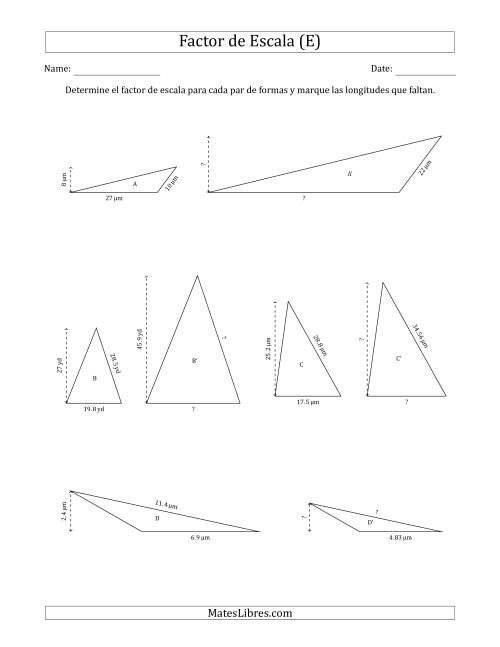 La hoja de ejercicios de Determine el Factor de Escala de Dos Triángulos y las Longitudes que Faltan (Factores de Escala en Intervalos de 0.1) (E)
