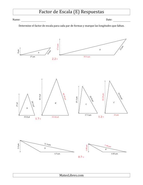 La hoja de ejercicios de Determine el Factor de Escala de Dos Triángulos y las Longitudes que Faltan (Factores de Escala en Intervalos de 0.1) (E) Página 2