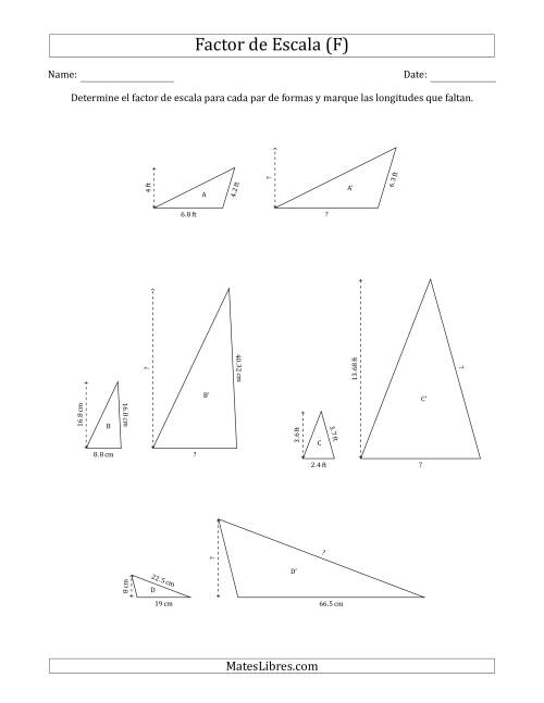 La hoja de ejercicios de Determine el Factor de Escala de Dos Triángulos y las Longitudes que Faltan (Factores de Escala en Intervalos de 0.1) (F)