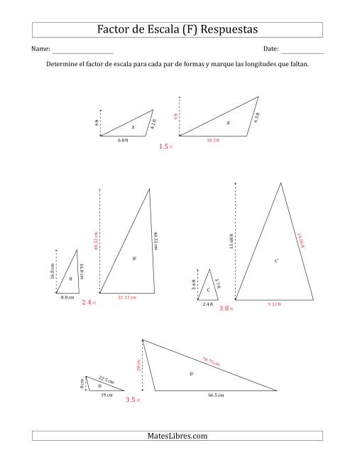 La hoja de ejercicios de Determine el Factor de Escala de Dos Triángulos y las Longitudes que Faltan (Factores de Escala en Intervalos de 0.1) (F) Página 2