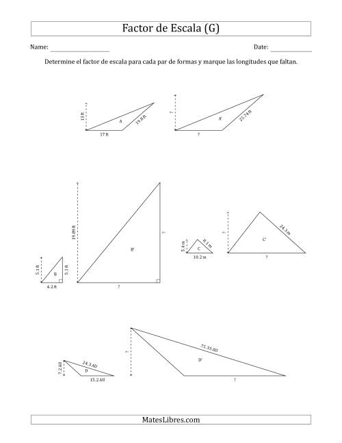 La hoja de ejercicios de Determine el Factor de Escala de Dos Triángulos y las Longitudes que Faltan (Factores de Escala en Intervalos de 0.1) (G)