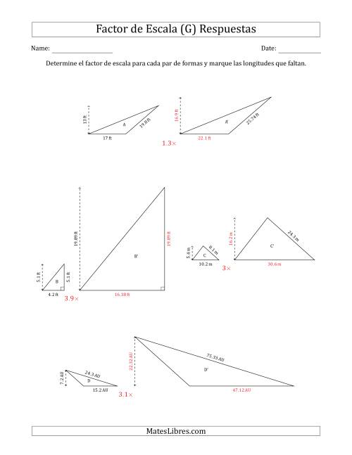 La hoja de ejercicios de Determine el Factor de Escala de Dos Triángulos y las Longitudes que Faltan (Factores de Escala en Intervalos de 0.1) (G) Página 2