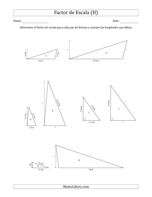 La hoja de ejercicios de Determine el Factor de Escala de Dos Triángulos y las Longitudes que Faltan (Factores de Escala en Intervalos de 0.1) (H)