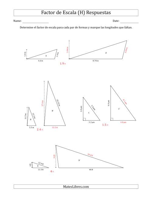 La hoja de ejercicios de Determine el Factor de Escala de Dos Triángulos y las Longitudes que Faltan (Factores de Escala en Intervalos de 0.1) (H) Página 2