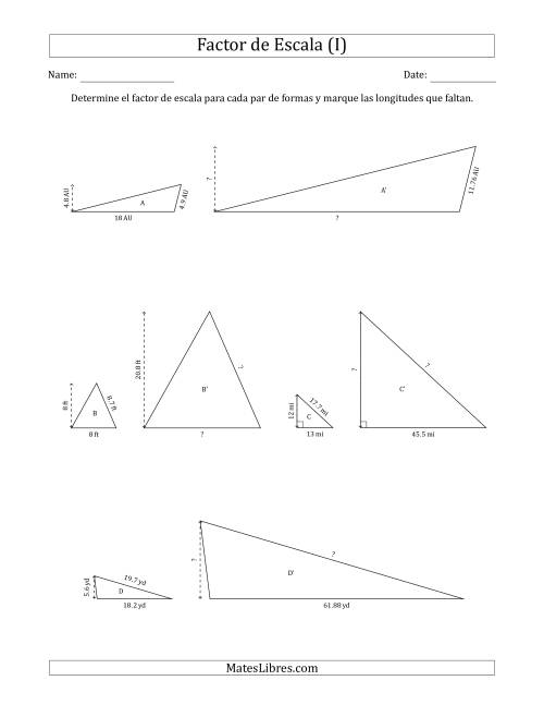 La hoja de ejercicios de Determine el Factor de Escala de Dos Triángulos y las Longitudes que Faltan (Factores de Escala en Intervalos de 0.1) (I)