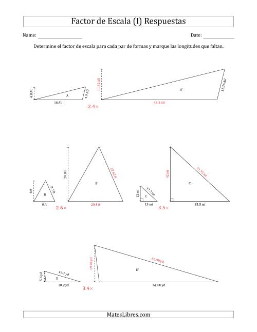 La hoja de ejercicios de Determine el Factor de Escala de Dos Triángulos y las Longitudes que Faltan (Factores de Escala en Intervalos de 0.1) (I) Página 2