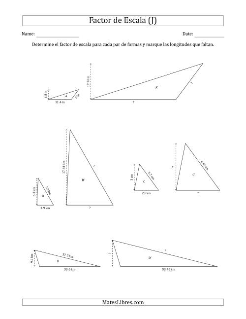 La hoja de ejercicios de Determine el Factor de Escala de Dos Triángulos y las Longitudes que Faltan (Factores de Escala en Intervalos de 0.1) (J)