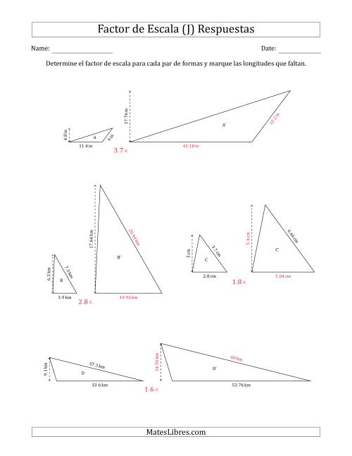 La hoja de ejercicios de Determine el Factor de Escala de Dos Triángulos y las Longitudes que Faltan (Factores de Escala en Intervalos de 0.1) (J) Página 2