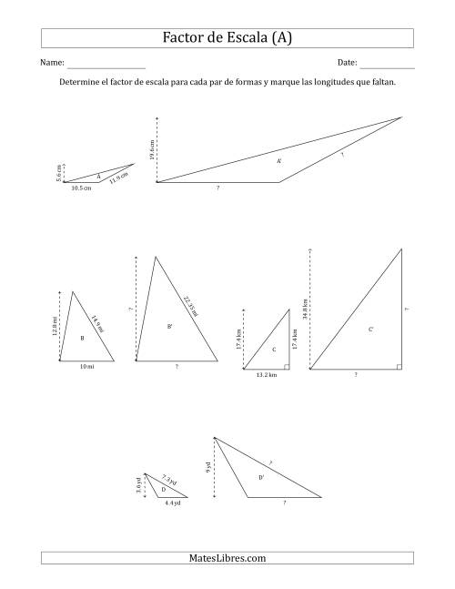 La hoja de ejercicios de Determine el Factor de Escala de Dos Triángulos y las Longitudes que Faltan (Factores de Escala en Intervalos de 0.5) (A)