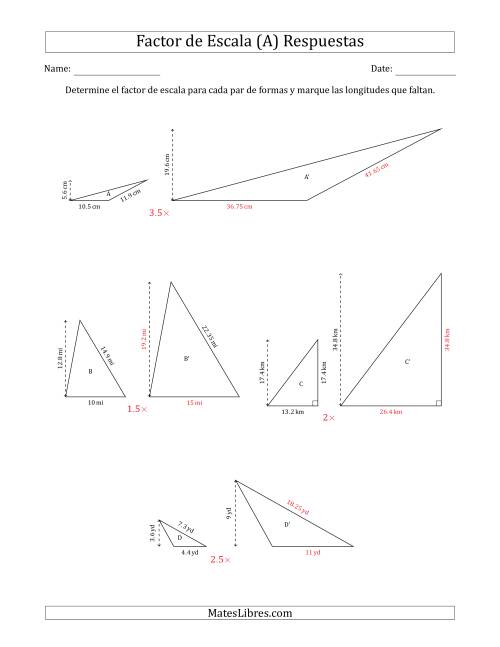 La hoja de ejercicios de Determine el Factor de Escala de Dos Triángulos y las Longitudes que Faltan (Factores de Escala en Intervalos de 0.5) (A) Página 2