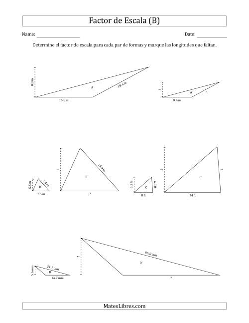 La hoja de ejercicios de Determine el Factor de Escala de Dos Triángulos y las Longitudes que Faltan (Factores de Escala en Intervalos de 0.5) (B)