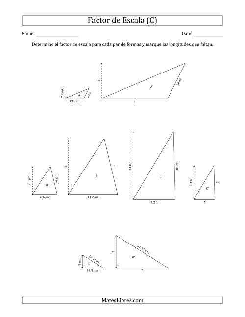 La hoja de ejercicios de Determine el Factor de Escala de Dos Triángulos y las Longitudes que Faltan (Factores de Escala en Intervalos de 0.5) (C)