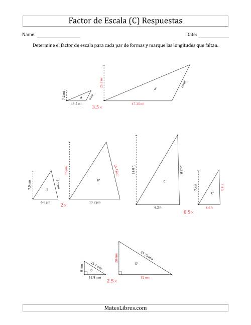 La hoja de ejercicios de Determine el Factor de Escala de Dos Triángulos y las Longitudes que Faltan (Factores de Escala en Intervalos de 0.5) (C) Página 2