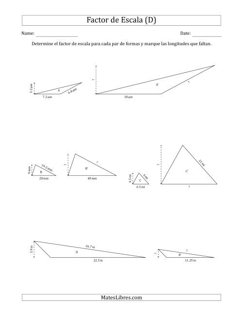 La hoja de ejercicios de Determine el Factor de Escala de Dos Triángulos y las Longitudes que Faltan (Factores de Escala en Intervalos de 0.5) (D)